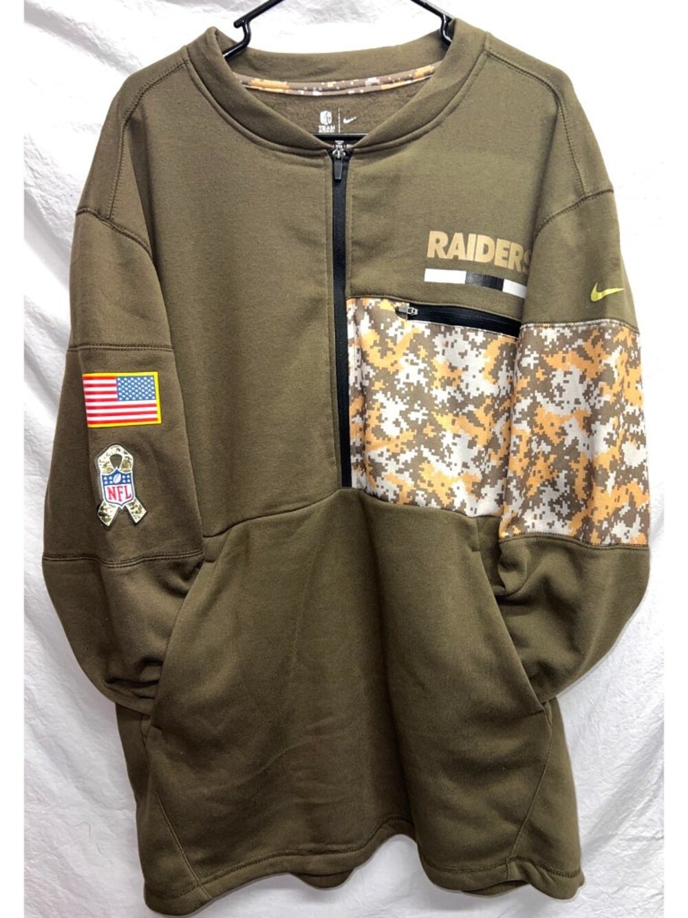 Nike NFL Raiders Mens 2XL Army Green Half-Zip Pullover Sweatshirt Camo Accents
